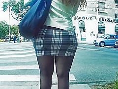 pantyhose legs in tight miniskirt