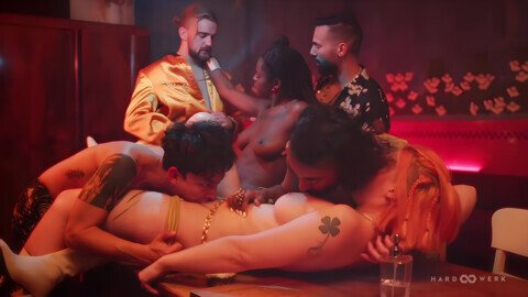 Stunning Bebe And Muriels Trippy 5 Cock Orgy Gangbang